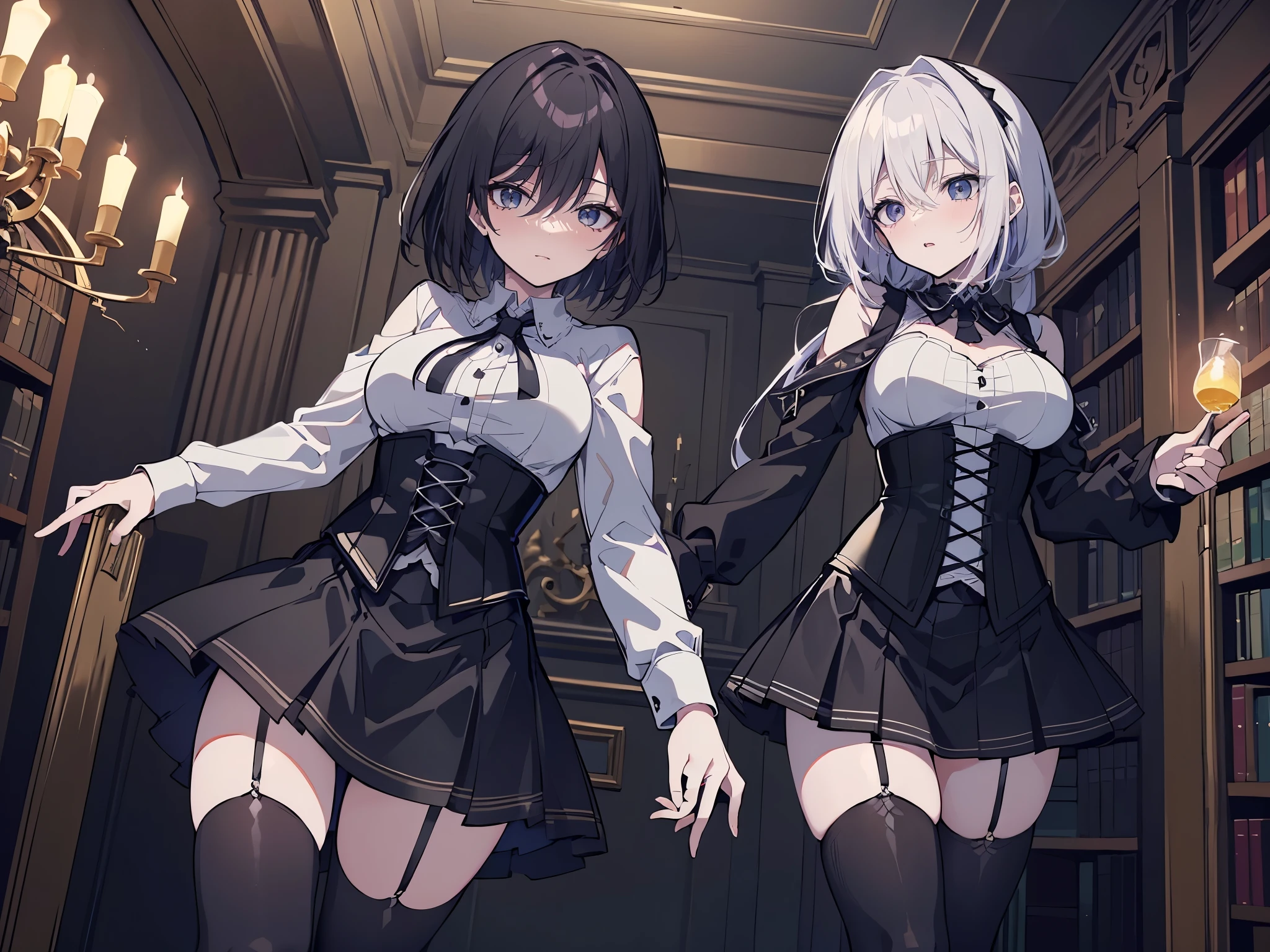 ((better quality)), ((Masterpiece)), (detailed), 2 anime girls, dynamic pose(looking away), shy look, short black hair, big breasts, sexy, ,ojos detaileds, ojos azules, (((pale skin))), choker:1.6, ((((long sleeve white buttoned shirt)))), ((black leather corset)), black leather gloves, ((((black miniskirt)))), elegant library , candles, candelabras, at night,
Approach,