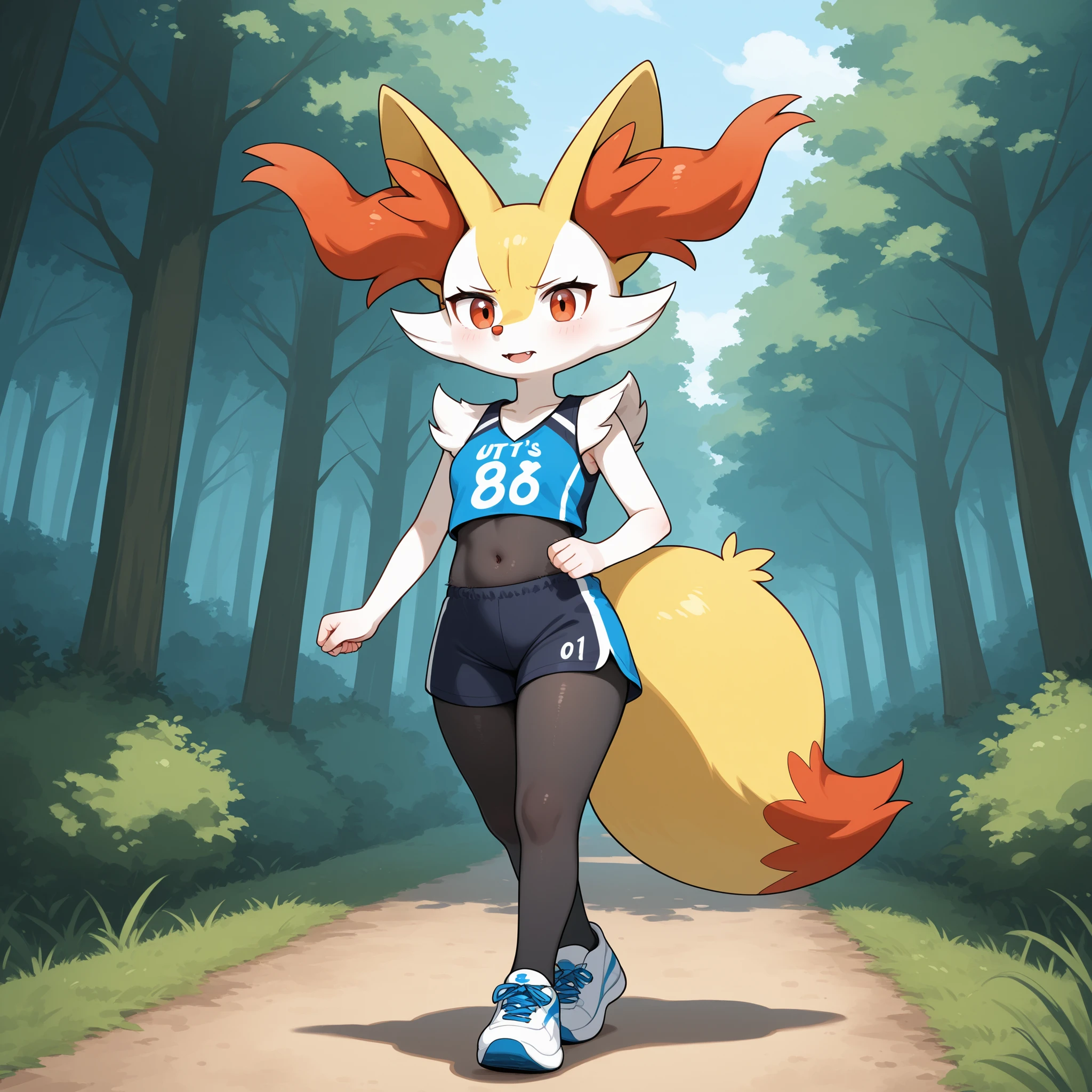 A hairy female Braixen who is walking along a forest trail. She's wearing sportswear, but not tight.. She's taller than normal, but a bit corpulent.