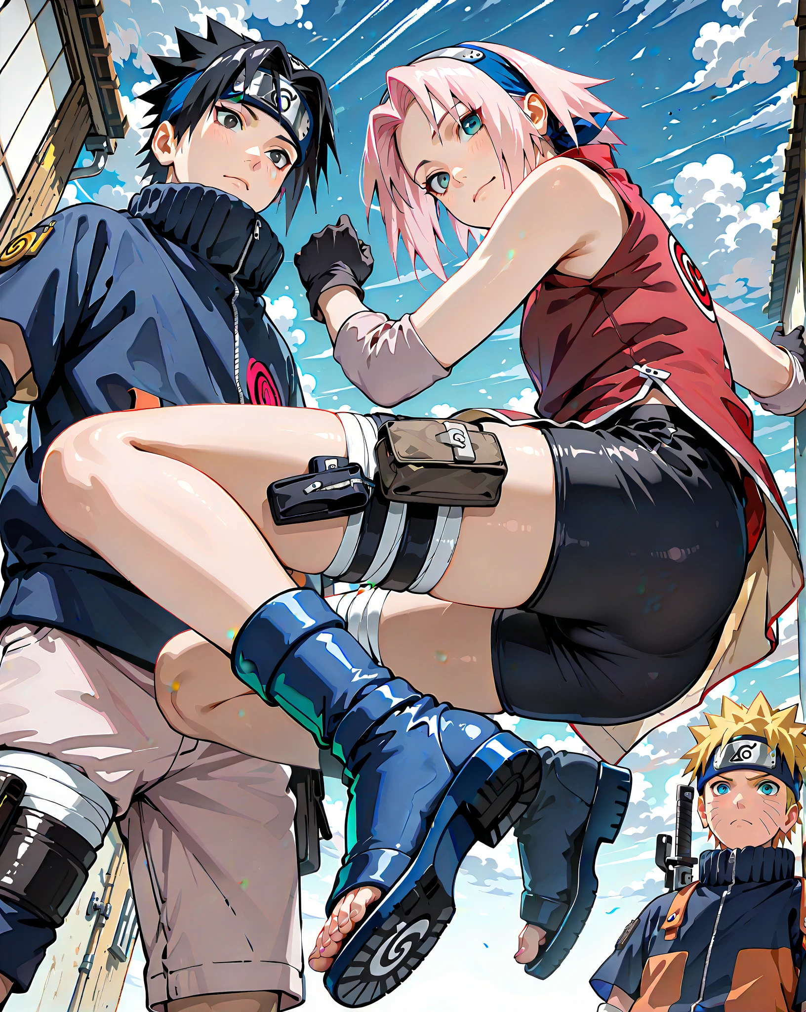 masterpiece, best quality, insanely detailed、(((3人)))、(((3人組のみ)))、(((3人組)))、3人組(Uchiha Sasuke:Naruto Uzumaki:Sakura Haruno)、(Uchiha Sasuke:black eyes, black hair, short hair, spiked hair, parted bangs, forehead protector, high collar, blue shirt, short sleeves, detached sleeves, white shorts, blue footwear, legs bandages, toeless footwear)、(Naruto Uzumaki:cute anime boy, kawaii anime boy, naruto uzumaki, male focus, ager, short hair, blonde hair, blue eyes, facial mark, whisker markings, cute face、orange and black jumpsuit, weapons pouch on left leg, black sandals)、(Sakura Haruno:haruno sakura, pink hair, short, hair, green eyes, forehead protector、sleeveless,forehead protector,hairband, black_gloves, bare_shoulders, red_shirt, konohagakure symbol,short hair、black shorts)、静かな湖、静かな森林、夜明け、遠景、dynamic pose、action pose、dynamic angle、tilted angle、side view、low-angle shot, 30 degrees, detailed、wide-angle shot, distant shot,