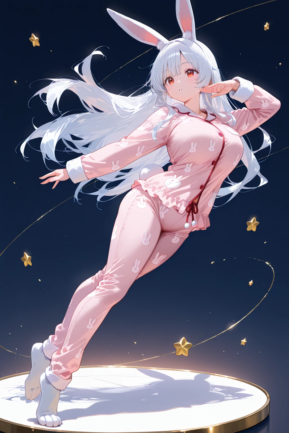 1 female、独奏、Looking at the camera、glares、full body Esbian、a sailor suit、Silver Shoes、Neon tones throughout、fly through fireworks