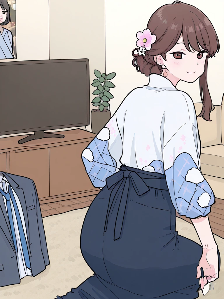 A woman trapped in the haunted office room, wearing hijab, batik shirt, pull down her sagging jeans, panties accidentally exposed, hands on her head,