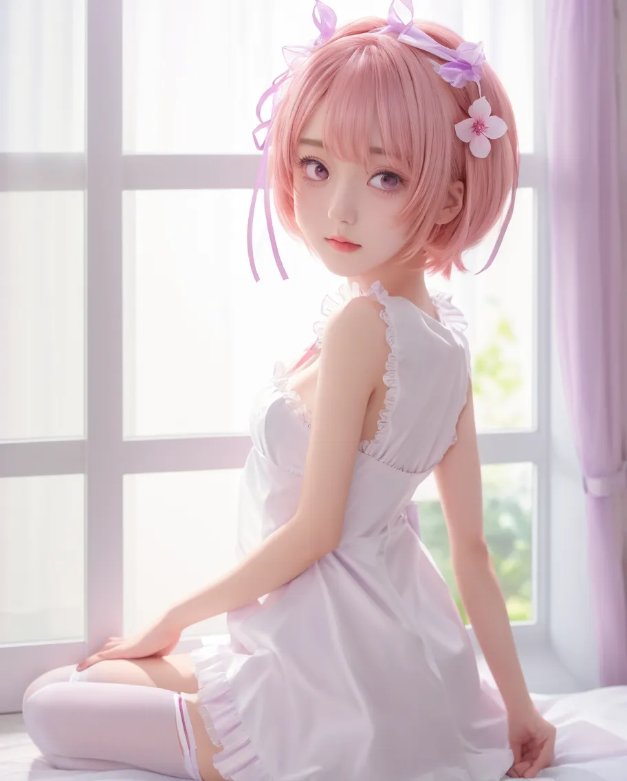 blush, smile,glowing aura, natural light, masterpiece, glossy skin, juicy lips , ,sexy, hot, evil,juicy lips hour glass, , juicy lips, , slender body, small , huge ass, pink hair, ponytail ,looking up, smile, ultra detailed, short pink hair, purple eyes, art, sitting on bed