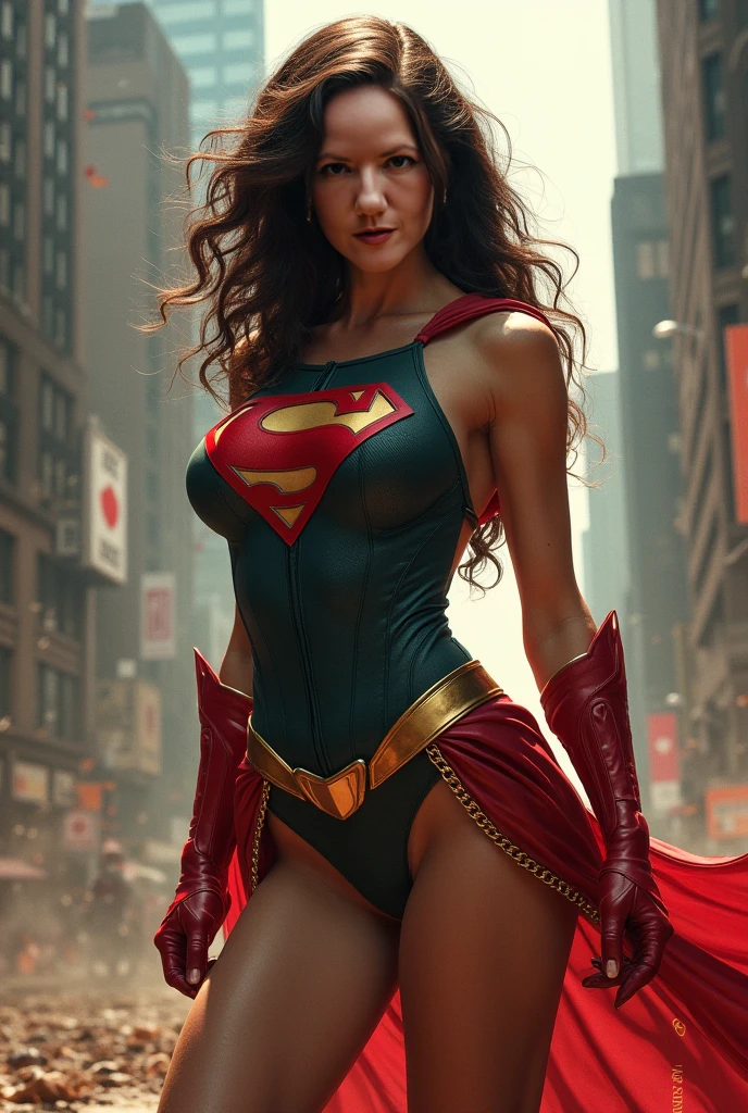 Super Hero Woman, Brunette, Cute, Standing at the top of a tall building, long cape, naked, nude, sexy body