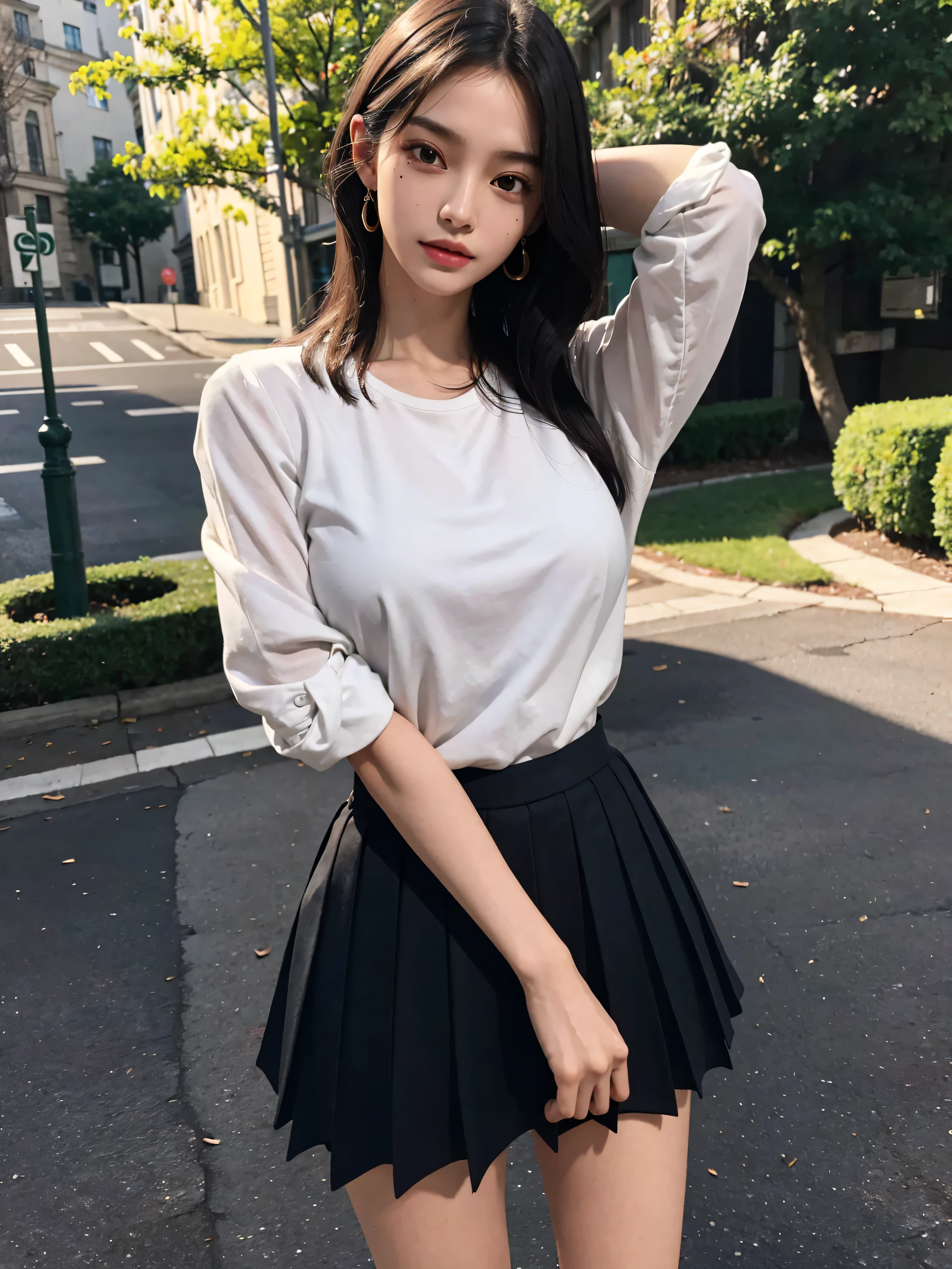 Korean school uniform, school uniform shirt, ribbon, skirt, bright brown hair, school poolside, poolside bench, 8K RAW photo, high resolution, cool Korean at 16 years old, big round breasts, beautiful eyes in every detail, long eyelashes, beautiful double eyelids, slit eyes, elongated eye shape, sanpaku eyes, duck mouth, evil smile, evil look, beautiful very thin legs, beautiful very thin thighs, random short hair, hair tied behind the head, earrings, necklaces,