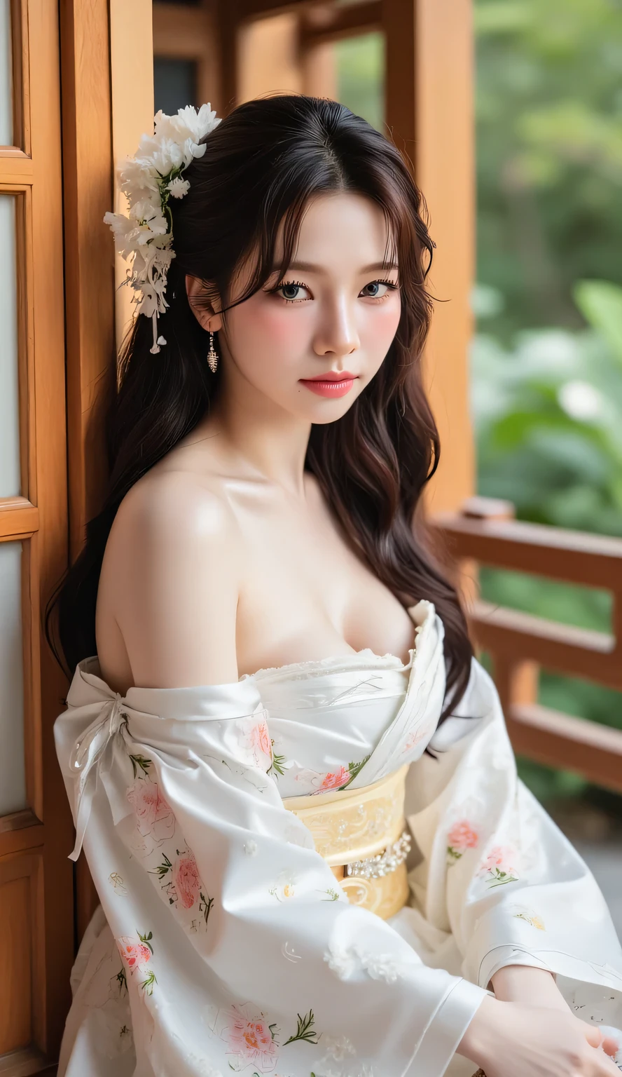 possession_, realistic,
1 woman, brown hair, headdress, candela, alone, seat, paper candela, long hair, brown eyes, realistic, hair bun, naked , flower, hair flower, looking at viewer, Beautiful woman with a slender body:1.4, Distinct abs:1.4, on the island,ultra fine face,exquisite eyes,double eyelid,(((nude))), open your legs, double bun, kimono, Lips
((wash painting)),((ink...,