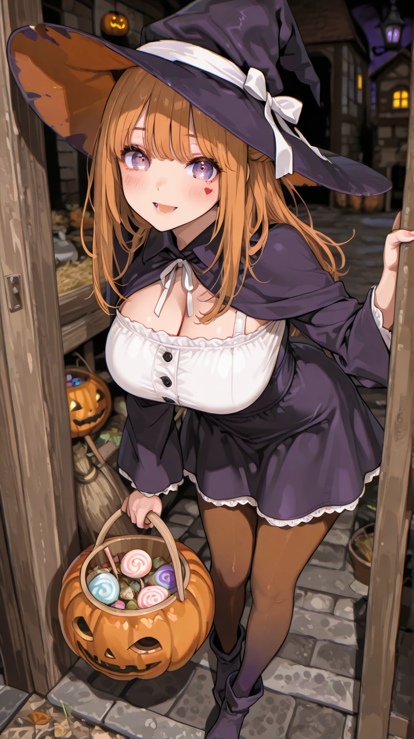(top-quality:1.5)、(masterpiece:1.5)、(hight resolution:2.0)、Beautiful girl alone、Halloween、jack-o-lanterns、Midnight、(Bright bronze hair:1.5)、(Medium Hair)、(A smile)、Braids、medium breasts、(Robe with white hood:1.5)、(Orange tops)、Strapless、underboob、buttoning、suspenders、(Black_Shorts)、cobblestone road、garter ring、Black boots、baskets、Decoration of sweets、takeout、Walk