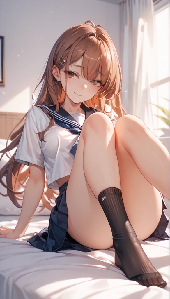 girl ((mischievous smile)) ((messy uniform))((messy school uniform)) ((blushing)) ((sitting)) ((Brown hair)) ((the plan)) ()thin and very not voluptuous body)) ((small breasts)) ((small hips))
