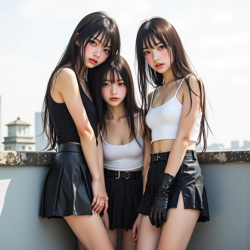 ((3 girls:1.5)、Three women standing closely together on an indoor stage、Three boyish women、s、Group photo of girl band group、I have a guitar)、(Realistic、Like a photograph、Live Action、8k, Realistic, RAW Photos, Best image quality: 1.4), Single-lens reflex camera、RAW Photos, Highest quality, Realistic, Highly detailed CG Unity 8k wallpaper, Written boundary depth, Cinematic Light, Lens flare, Ray Tracing, Realistic background、(A tight fitting black T-shirt:1.4、(Checkered pleated mini skirt:1.4)、Big Breasts、Abdominal muscles、bracelet、Earrings、necklace、accessories、skirtlift)、(The strap of the bag passes between the chest、paisla、Shoulder bag)、((Silver Inner Color Hair:1.1))、Cute Japanese Band Girls、((whole body:1.5))、(short hair:1.2)、I like that style、stylish、Very detailed、Pay attention to the details、Perfect outfit、(White skin)、Beautiful feet:1.1、View from below、Accurate Arm、Meet on a street corner、Super detailed face