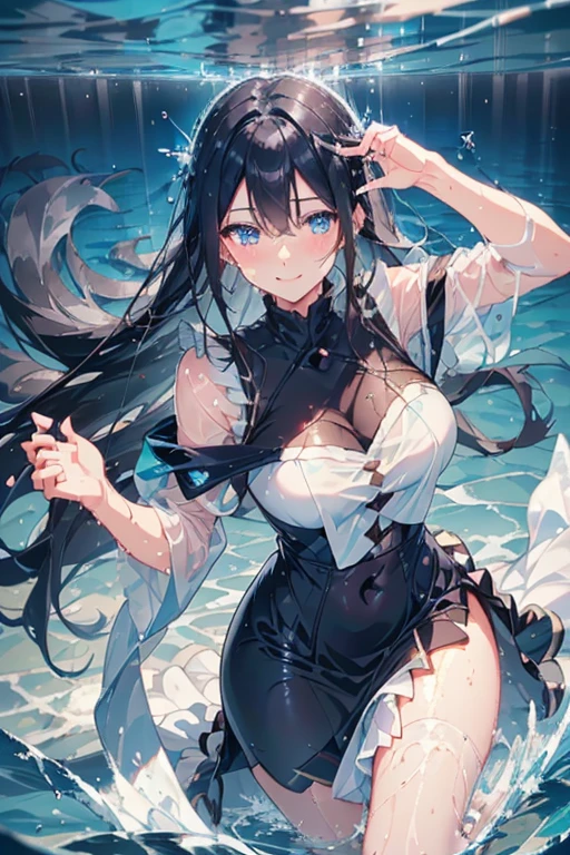 best quality, extremely detailed, anime style adult 1girl, long hair down to the waist, straight hair, dark black hair with bluish, beautiful detailed eyes, pinched eyes, dark blue eyes, huge breasts,curvy, ((((A dress made of running water and light)))),hair accessory,((Luxury cottage rooms by the sea)),((pov face)),in umamusume's 3D style