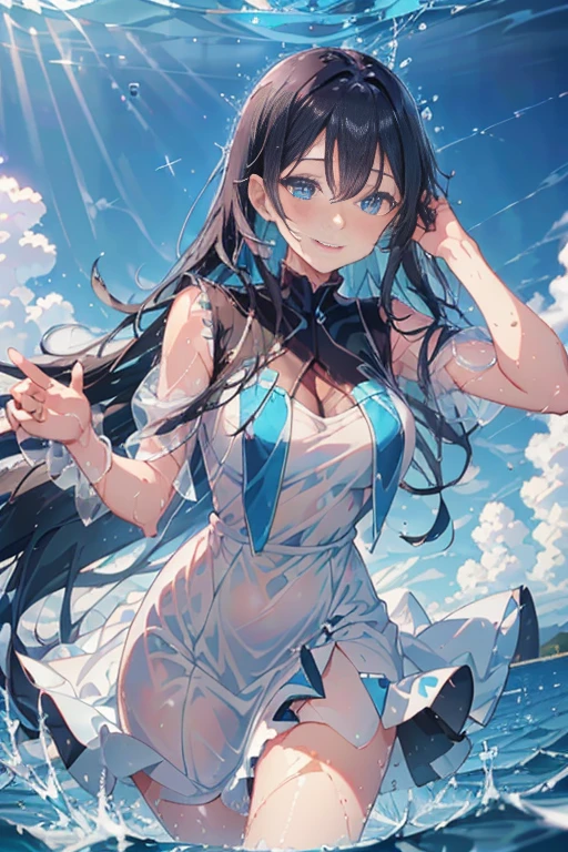 A very beautiful young woman standing in the river,Raise your hands and cheer.... (Good composition) (artwork) (Performance Arts). (((Huge breasts))) (((Full and soft breasts,)))(((Huge breasts))) (((Cleavage))) (Perfect curvy figure),