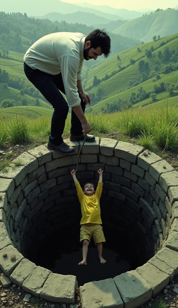 Poor Farmer is saving rich little boy on the big underground hole