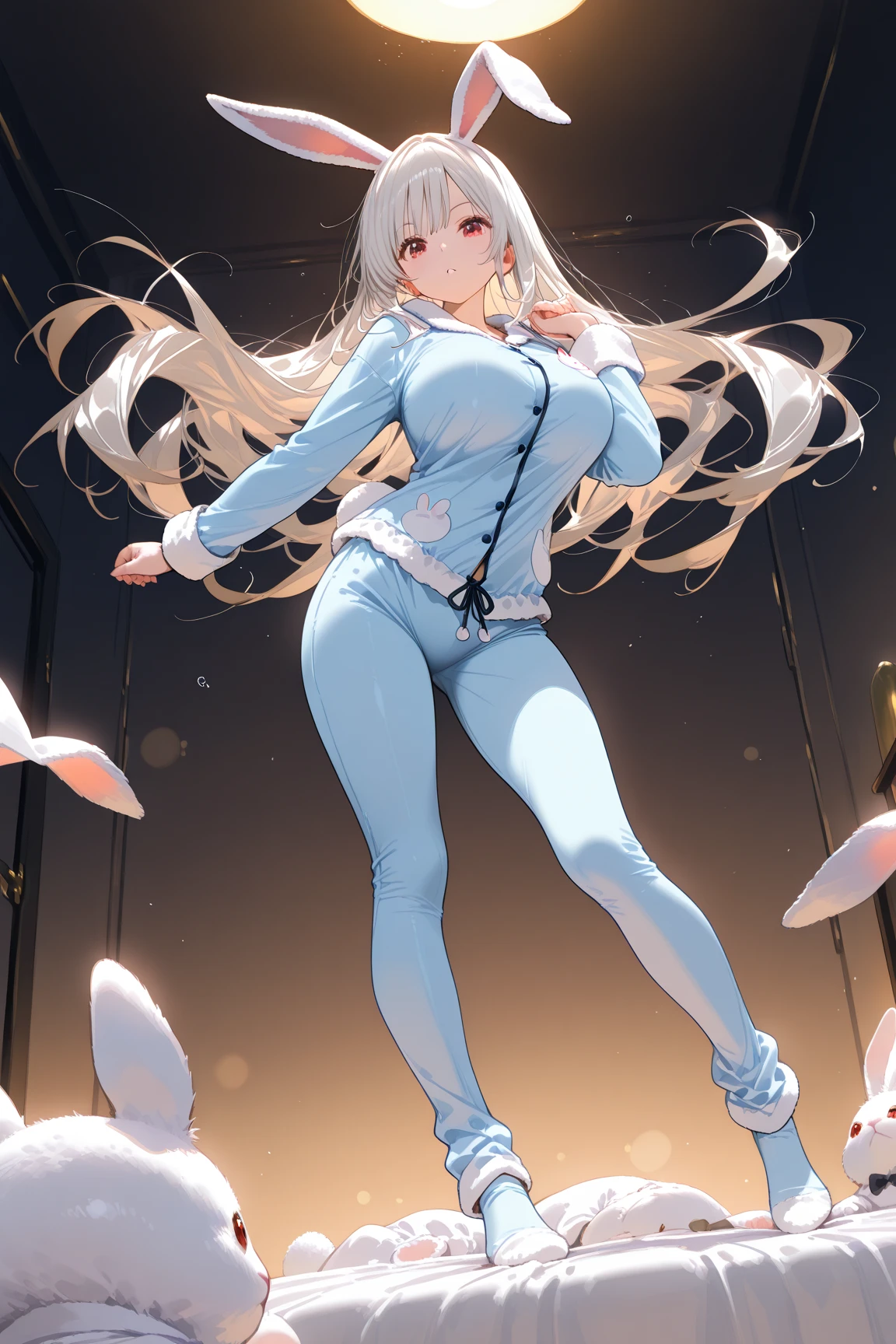 ((masterpiece))、top-quality、(Full body wide angle)、Neo Universe(Umamusume)、(1girl in、solo)、(horse ear、Horse Girl)、A beautiful Blue eyes、deadpan、(Blonde long hair)、Spread hair、((small tits))、(((trainingwear)))、a closed mouth、In the gym、training equipment