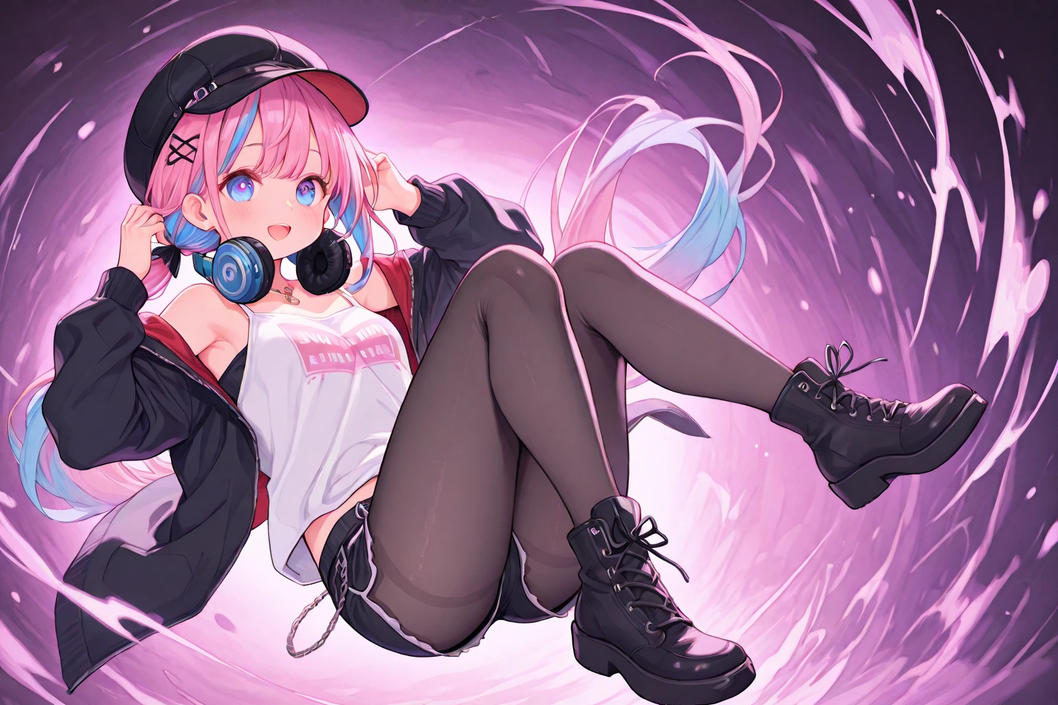 sheep girl, curly and messy hair, (short hair), (cyan hair), (rectangular pupils), blue sheep eyes, black goat horns, wearing a blue overol, with a necklace, with a pink coat on her shoulders, black boots, happy, cheerful, smiling, playful, cute, beautiful, dynamic pose, (1girl), female, solo, splashart, detailed face, (sitting on the forest)