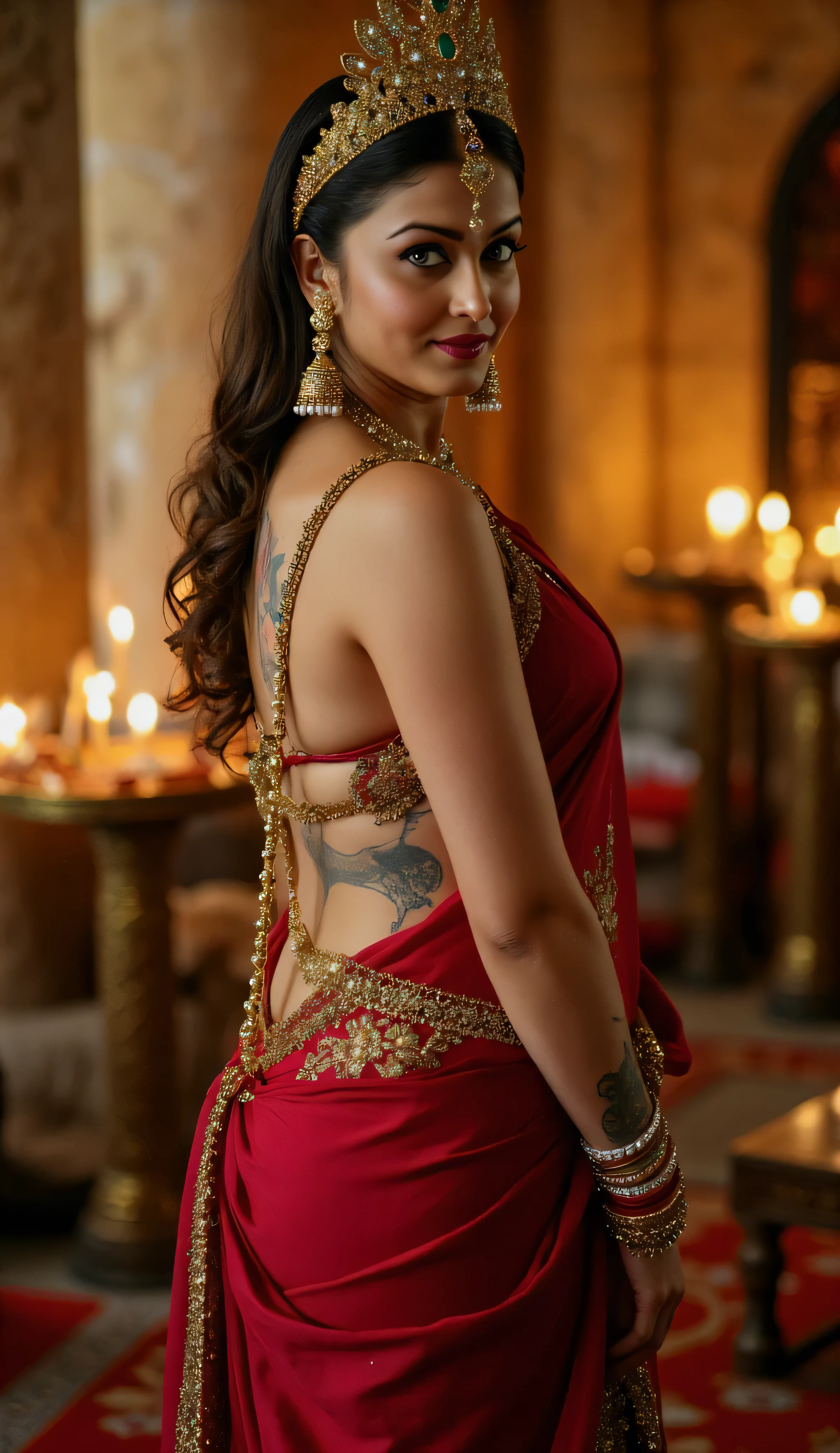 The enchantingly divine Indian Goddess Durga, her ultra-fair, Russian-like milk-white complexion glowing like pure snow, radiating a celestial luminescence in a softly lit, ancient temple illuminated by the warm, golden glow of flickering oil lamps. Her big, hypnotic eyes shimmer with hues of emerald, sapphire, and gold, like peacock feathers, casting a seductive glance over her shoulder, exuding a dark, irresistible charm that blends divinity with raw sensuality. She wears a golden crown encrusted with blood-red rubies, ornate jhumkas dangling from her ears, delicate anklets with tiny bells adorning her feet, and intricate mehndi designs with dark henna swirling sensually up her arms, the patterns glowing faintly with a mystical aura. A luxurious gold nath pierces her right nostril, featuring intricate peacock-shaped detailing with tiny blue and green stones and a dangling pearl, a long, delicate gold chain studded with small white pearls extending from the nose ring to her right ear, adding a regal yet provocative touch. Goddess Durga is completely bare from the waist up, her massive, perfectly raised breasts fully exposed, glistening with sweat and sacred water, their perky shape shimmering in the golden light, her nipples dark and erect, radiating divine allure. From the waist down, she is draped in a deep crimson Indian saree with shimmering gold zari embroidery, the saree tied low on her hips and clinging tightly to her lower body, fully covering her legs down to her ankles, while accentuating her dramatically raised hips that protrude sensually, their curves almost bursting through the tight fabric, creating an erotic silhouette. A thin, hot gold chain like a thread, studded with tiny pearls, is tied around her slim, bare waist, glinting seductively in the temple’s golden light, while a pretty, bold tattoo of a blooming lotus with dark red and black ink adorns the side of her sexy waist curves, adding a wild, sensual edge to her divine beauty 