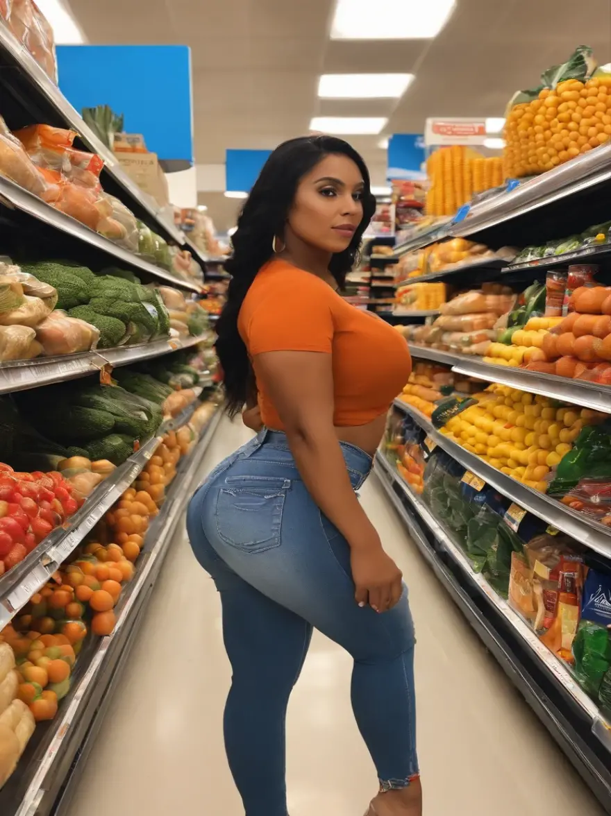 a sexy brown voluptuous big ass, freaky big booty, bikini indigenous girl, wearing accesories in the arms and legs, with kart market buying things in a mart, artistic composition, masterpiece art