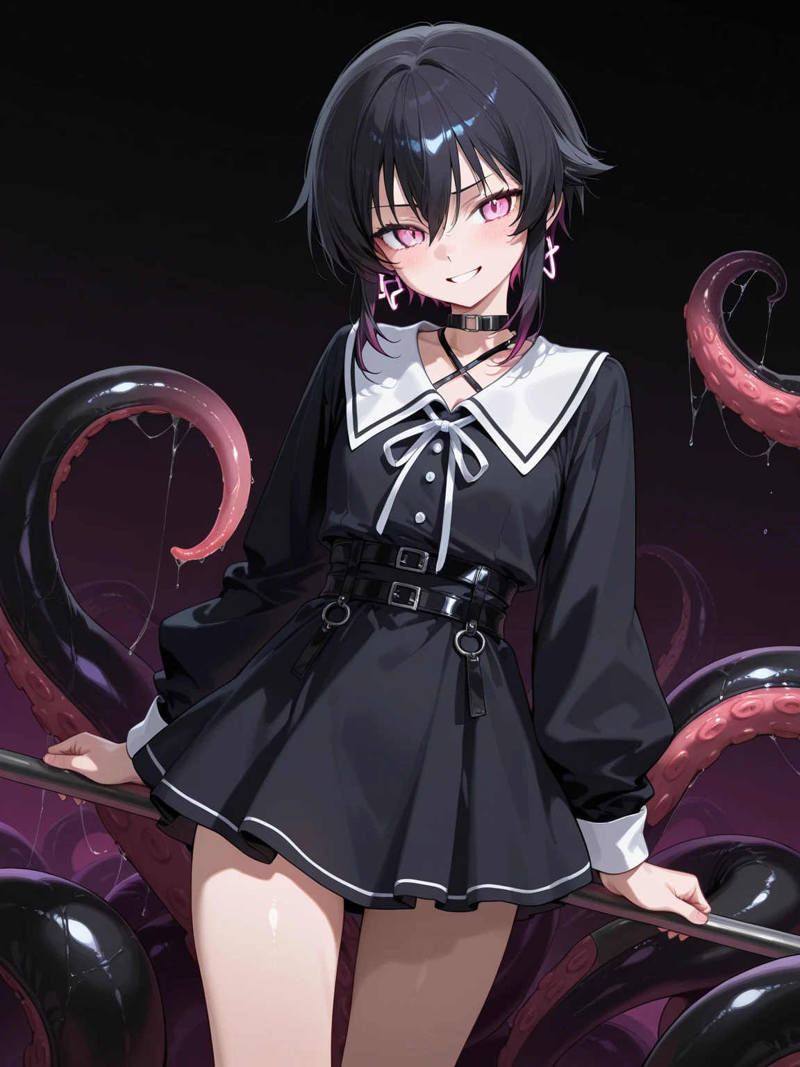 ((Girl fused with tentacles. Tentacles from the skirt)). School uniform. Black costume. A dark-haired. The long-haired. Cropped bangs. natta.two eyes sticking out of the head,,,,,. Peek out from overhead creatures with large mouths. Invincible smile. Short skirt. natta. Back alley