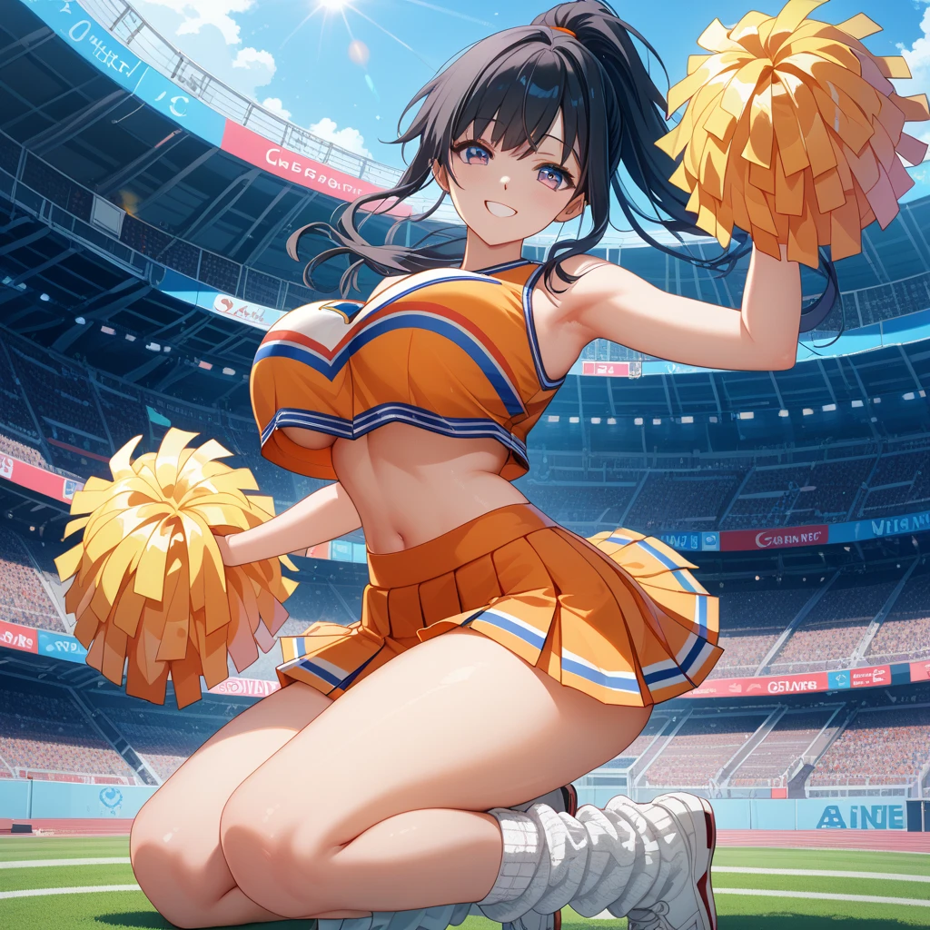 A hot cheerleader wearing a short skirt squatting sideways, Her perky curves visible under her short skirt.