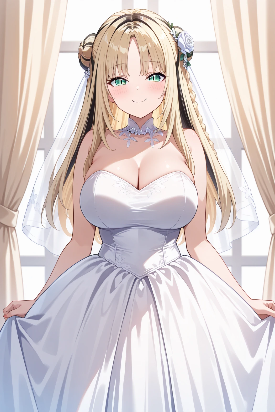 masterpiece, highest quality、Medium wide shot、1. A woman with beautiful eyeint, blue eyes, braid、Long blonde、hair between eyes)、big breasts、laughing、Wedding dress、wedding dress、