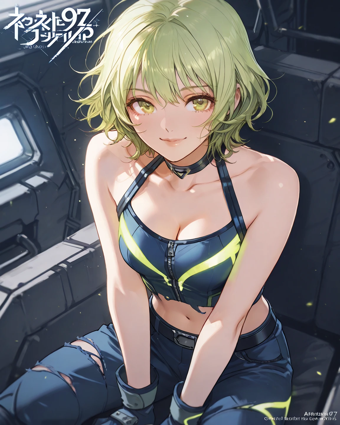 (8K, Highest quality, Highest quality, masterpiece), ubel, long hair, side ponytail, cleavage, belt, arm strap, single elbow glove, thigh strap, smile, denim hot shorts, mini shorts, big breasts