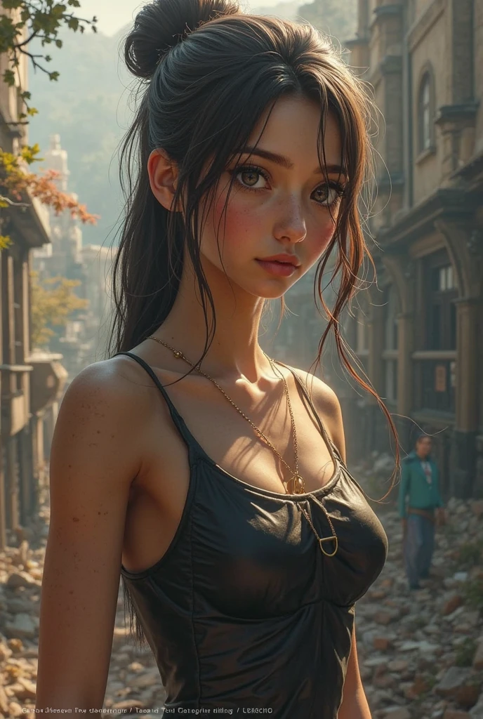 ((masterpiece, best quality, Highest image quality, high resolution, Reality, RAW photos, 8K)), Future city ruins,The post-nuclear world,Beautiful girl,Broken clothes,Pretty face,dirty,Closed mouth,dramatic,Mid-range portrait,dusk
