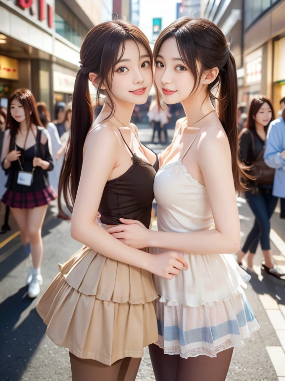 (8k, RAW Photos, Highest quality, masterpiece:1.2), (Realistic, photo-Realistic:1.4), (extremely detailed 8k wallpaper), ((Full Body Shot)), (((1 girl))), Sharp focus, Cinema Lighting, Soft Light, (Delicate and beautiful eyes, Very beautiful 17 year old gal, innocent big 目s, Realistic, photo Realistic, Highly detailed cute girl, (Thin thighs), (Model body type), Slightly larger breasts、The top button of the blouse is undone.、(Brown Hair), (ponytail), (Asymmetrical bangs), ((smile)), Glowing Skin, ultra high density skin ,Detailed hairstyle, Facial beauty with attention to detail, Perfect female body,(mini skirt), The audience is watching, (Crowded street:1.3)、Side Shot、Buckshot、Perky butt、Dynamic Movement