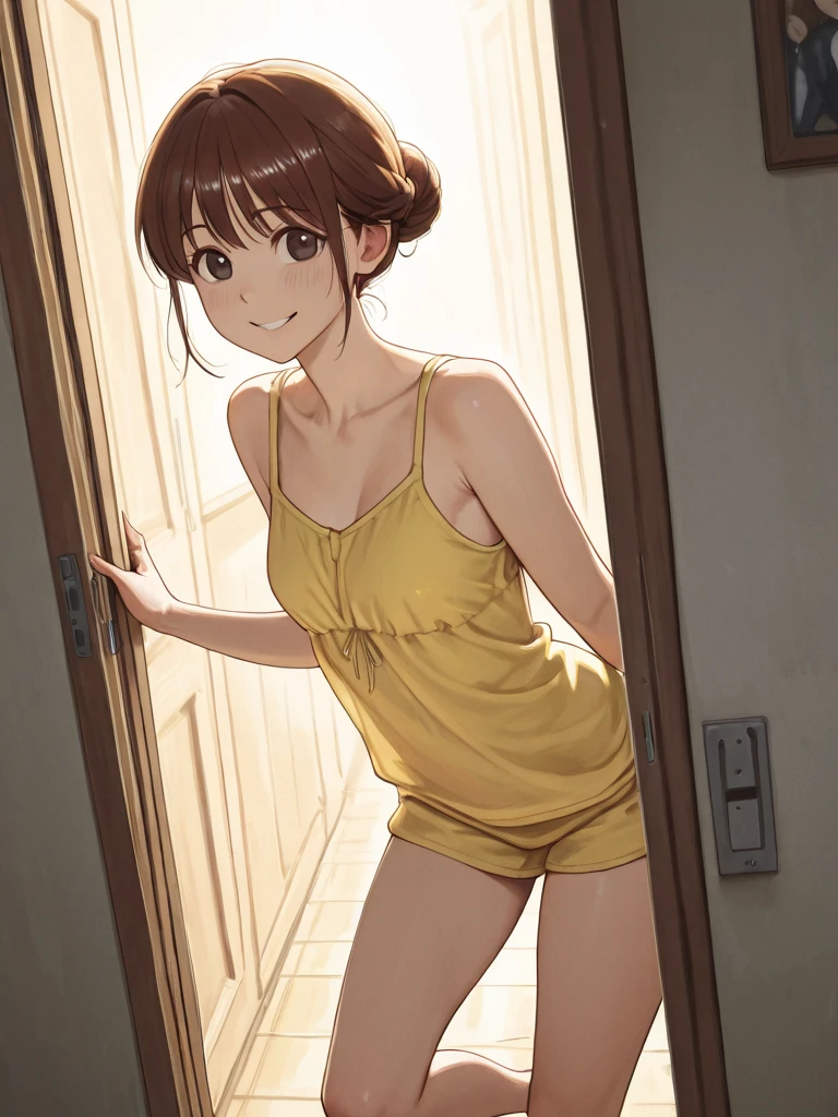 forehead, shoulder-length wavy brown hair ,yellow swimsuit, シャワールーム.((シャワーを浴びている))look away.
