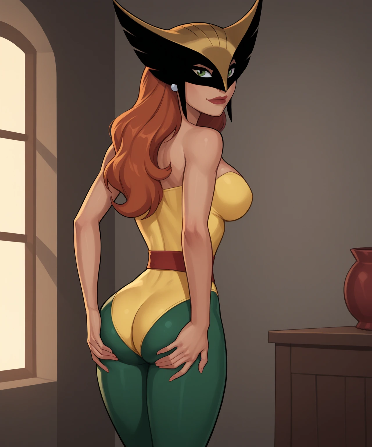 score_9, score_8_up, score_7_up, 1girl, Comic Style, daphne Blake, pale nipples, flat chest, stockings, one shoulder free, loose top, shoulder free top, Bikini, wedgie, standing, (no top), (Medium breast), perky breast, ((sexy Pose)), naughty smile, focus from below, push hip forward, (((lean back))), ((no pants)), no Gloves, looking at viewer, fit body, tiny waist, wide eyes, wide hips, posing, crowded medievil street, Blurry background