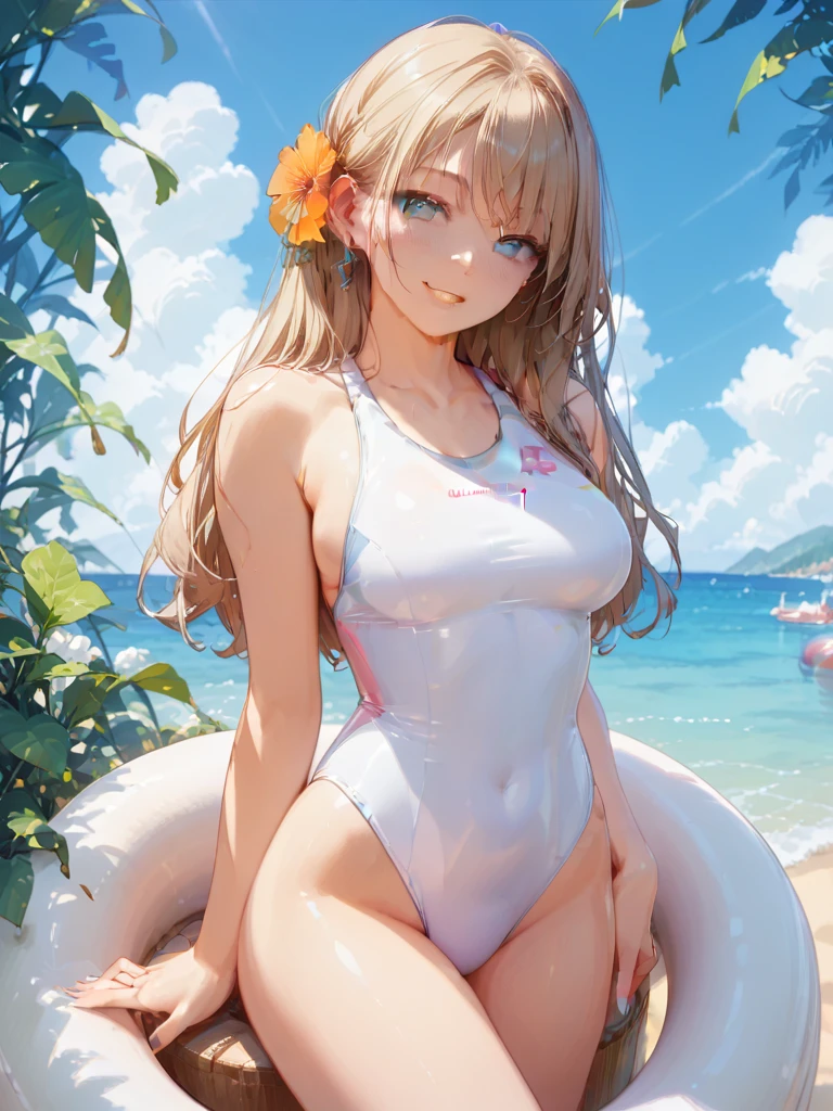 femele,1Child 0 years old,Golden head hair,wide open legs,half squatting,White school swimsuit,Side Up Ponytail,Blue eyes,Mansuji,A smile,Facing the front, Nipples are see-through,