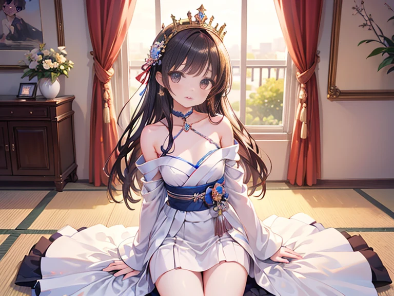 {NSFW}、{{{masutepiece}}}, {{{Best Quality}}}, {{Ultra-detailed}}, {{extremely delicate and beautiful}},(nffsw), (Best Quality, in 8K, 32K, masutepiece, nffsw:1.2),a photo of a cute girl, of the highest quality, Best Quality, Realistic, Unity, 8K Picture Wallpaper, Official art,(1girl with:1.3),(10Age 12age:1.5),(Princess dresses with lots of decorations:1.3),(gorgeous tiara:1.3),(Smile:1.3),(Sweaty skin:1.3),child,Black eyes,(princess dress:1.3),(Behind the glittering palace:1.3),(Dynamic Pause:1.1),(Full body:1.2),(skirt lift by yourself:1.5),{Cotton panties:1.2}、、{mischievous look}、{Erotic panties}、{Ultra High Definition Shorts}、{Cameltoe}、{オマンコThe streaks are clear}、{オマンコThe shape of the}、{High-quality shorts}、Poses with open legs