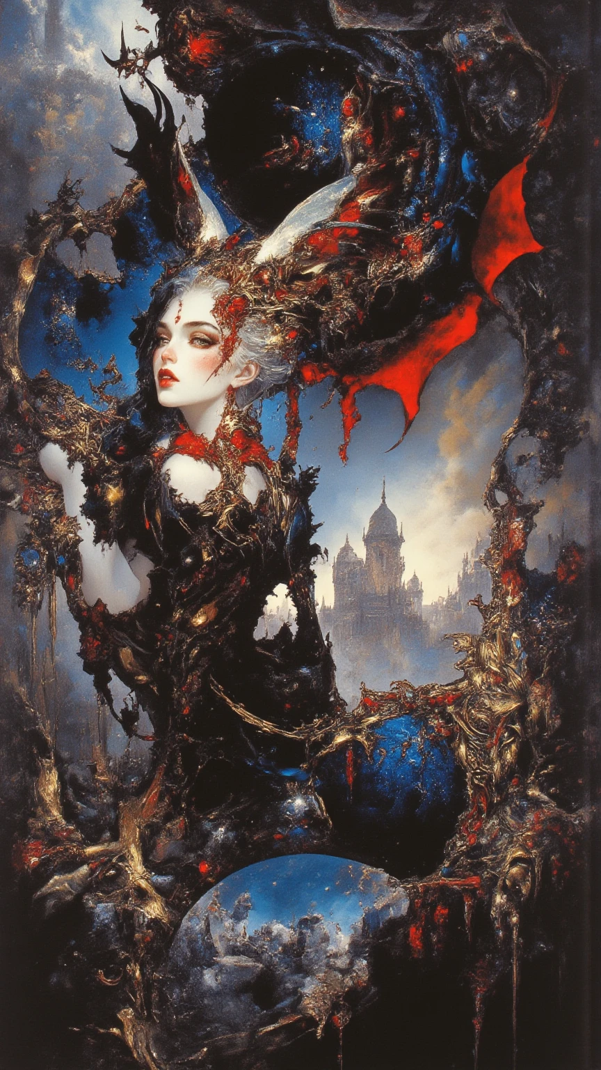 [bichu] [greg rutkowski] [by Milo Manara] (establishing-shot:1.5), masterpiece, best quality, ((dark fantasy:1.2)), ((intricate)), oil on canvas, (dry brush illustration of 1girl,solo, eve, floating, red dress, tail, long arms , claws, night time, exterior, central park,  <lora:Gloomifier_slider_LECO_500w:1>,  <lora:hairdetailer:0.7>,  <lora:add_detail:0.7> methurlant, <lora:methurlant:0.8> <lora:more_details:1>,  <lora:bichu-v0612:0.5> <lora:Mitochondria_Eve:1>
