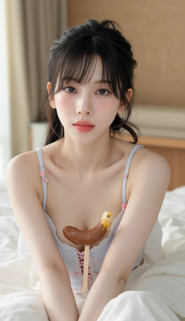 top-quality、masterpiece、ighly detailed、hight resolution、4K、超A high resolution、detailed shadow、A hyper-realistic、realisitic、dramatic lighting、1girl in、独奏、A detailed face、realisticeyes、real looking skin、see through camisole、dark brown hair、full body Esbian、white stockings、Sheer Bra、Sheer panties、Bend your knees and open your legs、Crack clear、Chewing a banana in his mouth、the whole body is wet