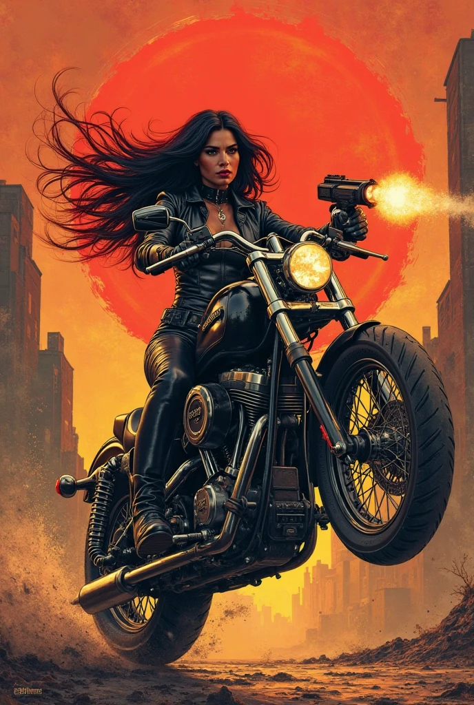 painting of a woman riding a motorcycle with flames in the background, martin ansin, epic full color illustration, by Penry Williams, drew struzan illustration art, rob rey, drew struzan style art, martin ansin artwork portrait, background artwork, drew struzan inspiration, stylized urban fantasy artwork, in style of digital illustration, motorcycle concept art, jen bartel