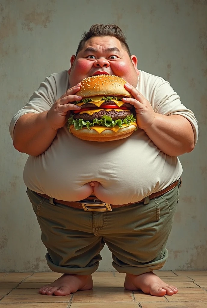 Obese boy happy, moobs.