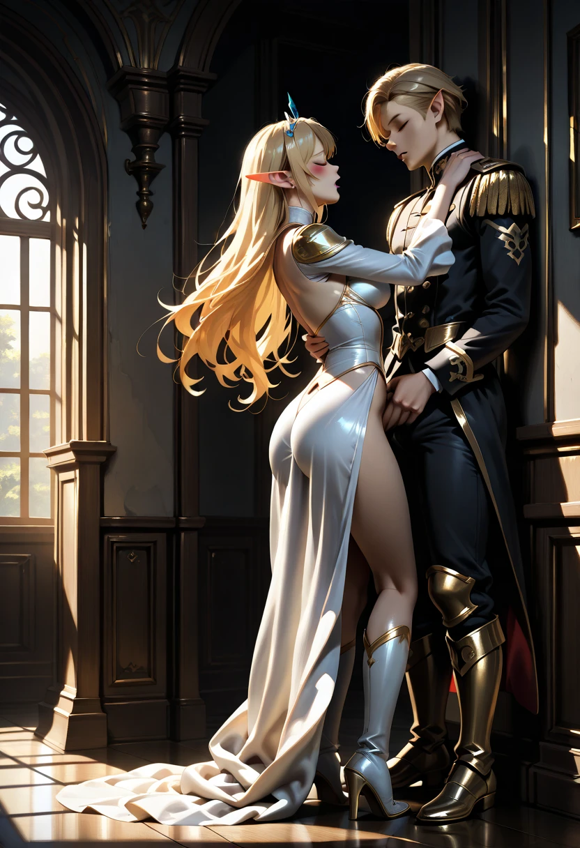 An incredibly beautiful femme fatale young woman, golden-haired blonde with blue eyes, long golden hair gathered in a high beautiful hairstyle, she is dressed in a beautiful luxurious white long dress in oriental style with open shoulders, which perfectly fits her slender beautiful figure, emphasizes a thin waist and rounded hips, deep neckline, long on a thin sparkling gold There is a jewelry chain around her neck, and long gold earrings in her ears. She holds a red rose in her hand, next to her stands a tall, statuesque, handsome, athletic young man, he is dressed in royal oriental white clothes, he has tanned skin, long straight white hair. They are in love with each other, they look at each other with love. They are happy. Masterpiece, perfect drawing, realistic drawing, detailed elaboration, 8k. full-length image, realistic image, detailed image. an extremely detailed illustration, a real masterpiece of the highest quality, with careful drawing.