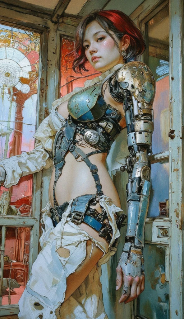Heaven, Ultra High Definition, Best Quality, Photography, 4K, (Photorealistic:1.4), (10-year-old girl robot destroyed by a jerk),(Straight two. The machine inside is exposed. bones), ((The upper and lower body are torn off by the arms. The upper body is suspended on the arms and the spine and internal organs of the girl's machine hang from it)), machine frame, solo, (upper body: 1.1), beautiful face, beautiful eyes, ruined cityscape, depth of field, motion line, perky chest, chest slip, ribs, ((looking up at the sky in the toilet of an abandoned narrow house full of pipes, plumbing, cables and machines)) --auto --s2