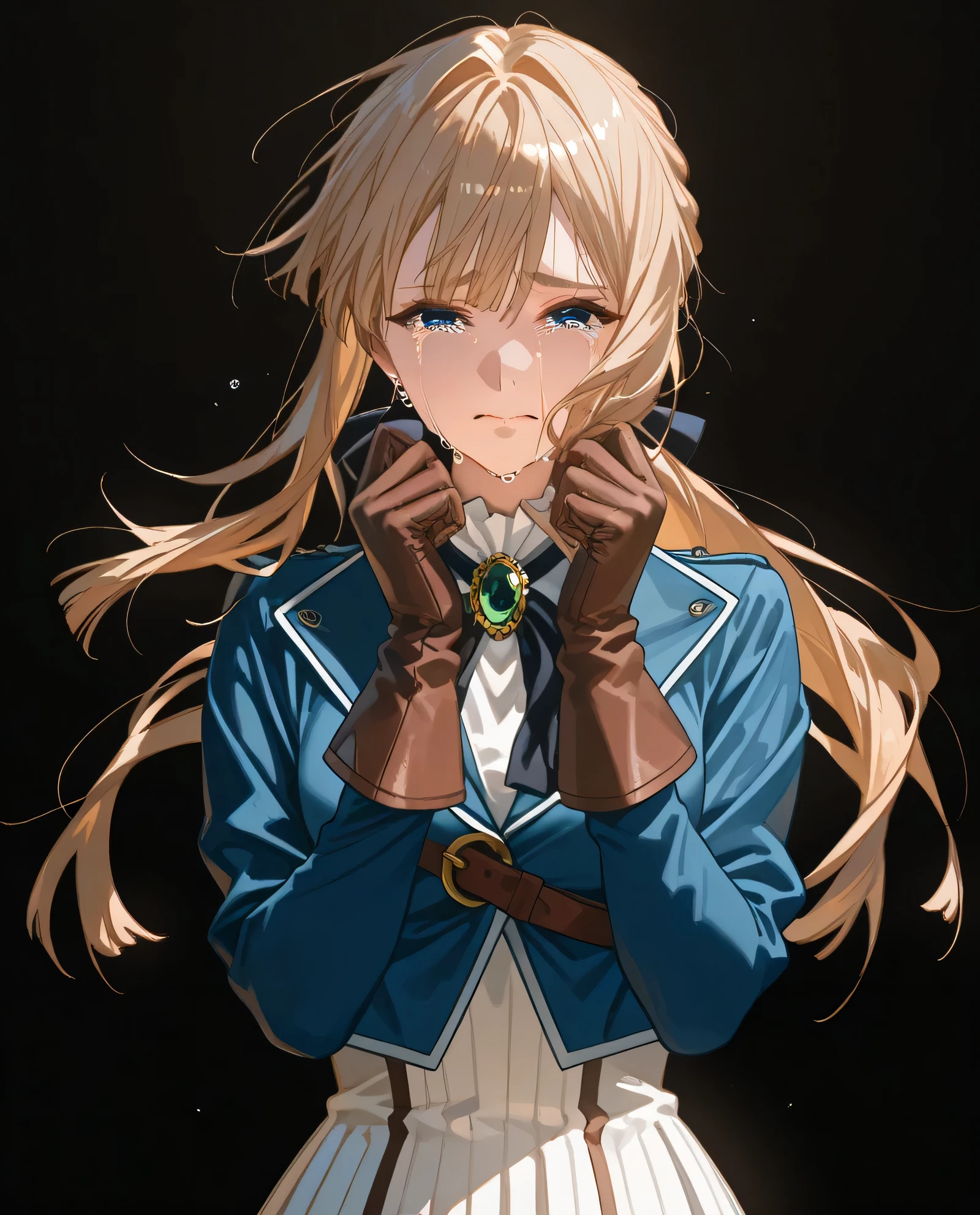 (Masterpiece, better quality), ((perfect hands, perfect fingers)), A very beautiful woman ,((crying)),of a slim build, of medium height and fair skin; her face is somewhat narrow and elongated, with big blue eyes and thick dark eyelashes.Her blond hair ends at her hips, but in front of her face she has a fringe that ends in the middle of her eyebrows, divided into three locks: one falls on her face and the remaining two merge into two longer tufts that end at the shoulders.} a low ponytail tied with a black bow/white dress with a bow and a Prussian blue jacket. She also wears a white pleated silk skirt and an emerald brooch in the center of the bow. Brown gloves and high leather boots with dark brown heel.black background