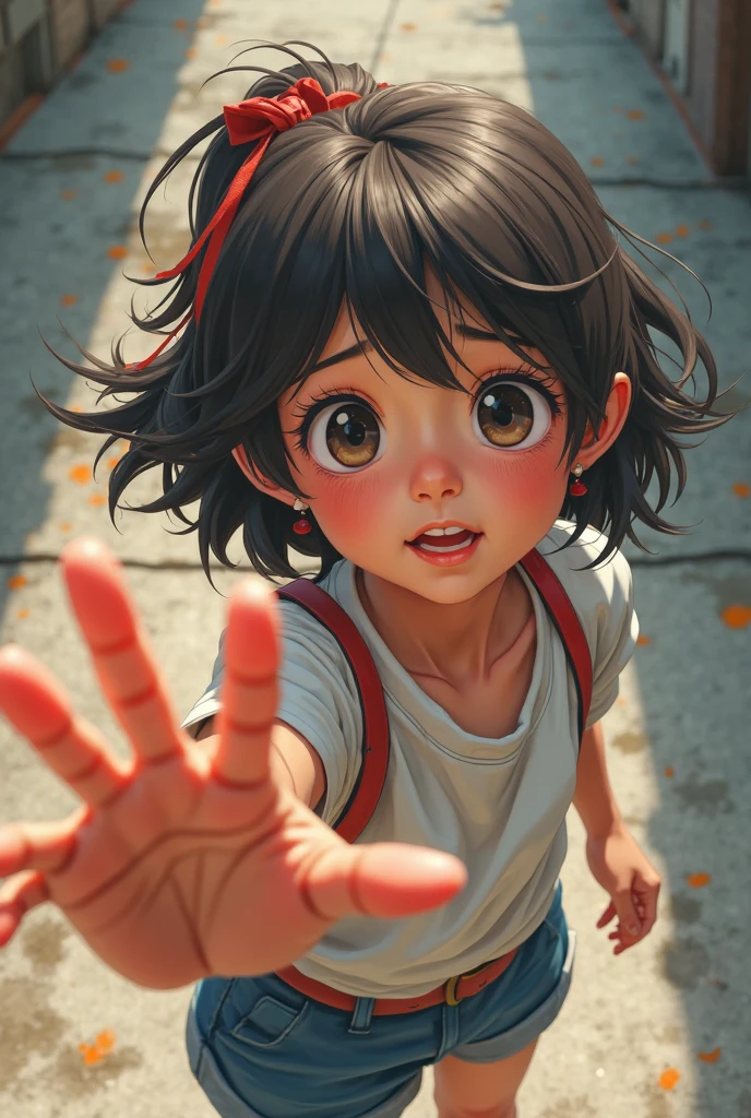 Two-dimensional cute little girl blue sky open hands facing the camera