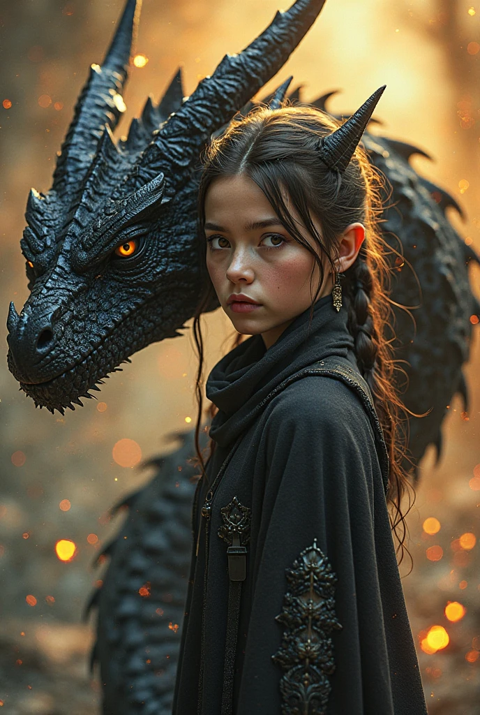 Fantasy, artistic photo of a young girl with silver hair and a headpiece, standing close to a dragon-like creature with detailed, textured scales, close-up portrait focusing on the faces of both the girl and the dragon, background is blurred to emphasize the subjects, taken under soft, natural lighting that enhances the skin texture and the dragon's scales, shot at eye-level with a high-quality digital camera, possibly a Canon EOS 5D Mark IV with a 50mm f/1.2 lens, in the style of Benjamin Von Wong