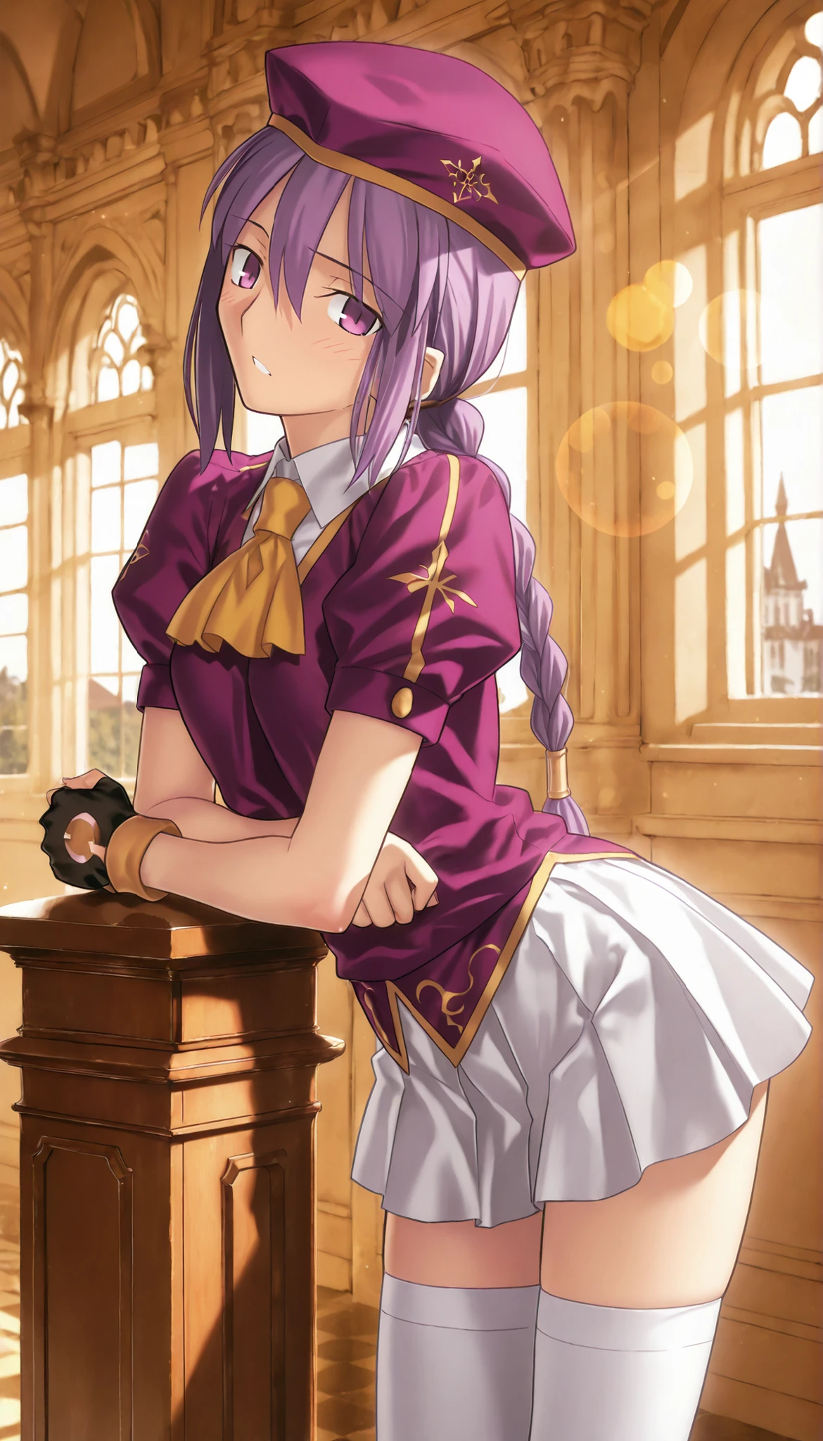 masterpiece, , absurdres, highres, detailed background, high resolution, masterpiece, necessary, detail, best quality, quality, necessary, details, High details, Precise, 8k indoors, (((mansion))), lens flare, blurry background, from side ,                                            
                                                                                                                                                                                                                         1girl, Takeuchi Takashi (type-moon,tsukihime) style, takeuchi takashi style, (aged up), (hopping), leaning forward,  
   
girl, (slender body, slim arms, slim bod), (Sion) Eltnum (Atlasia) ,sion eltnam atlasia,(fate), purple hair , purple eyes, half-closed eyes, tsurime, hair between eyes ,long bang, long hair , braided hair , braided ponytail , yellow ribbon , EltnumOutfit ,small breasts, light purple sweater ,puffy short sleeves, collared undershirt , white undershirt , undershirt , yellow ascot ,(short sleeve), ,white skirt ,miniskirt , gold trim ,white thighhighs ,single glove ,fingerless glove, black glove ,dark purple beret, ,((head tilt)), looking at viewer,(small breasts), arm under breasts, 
