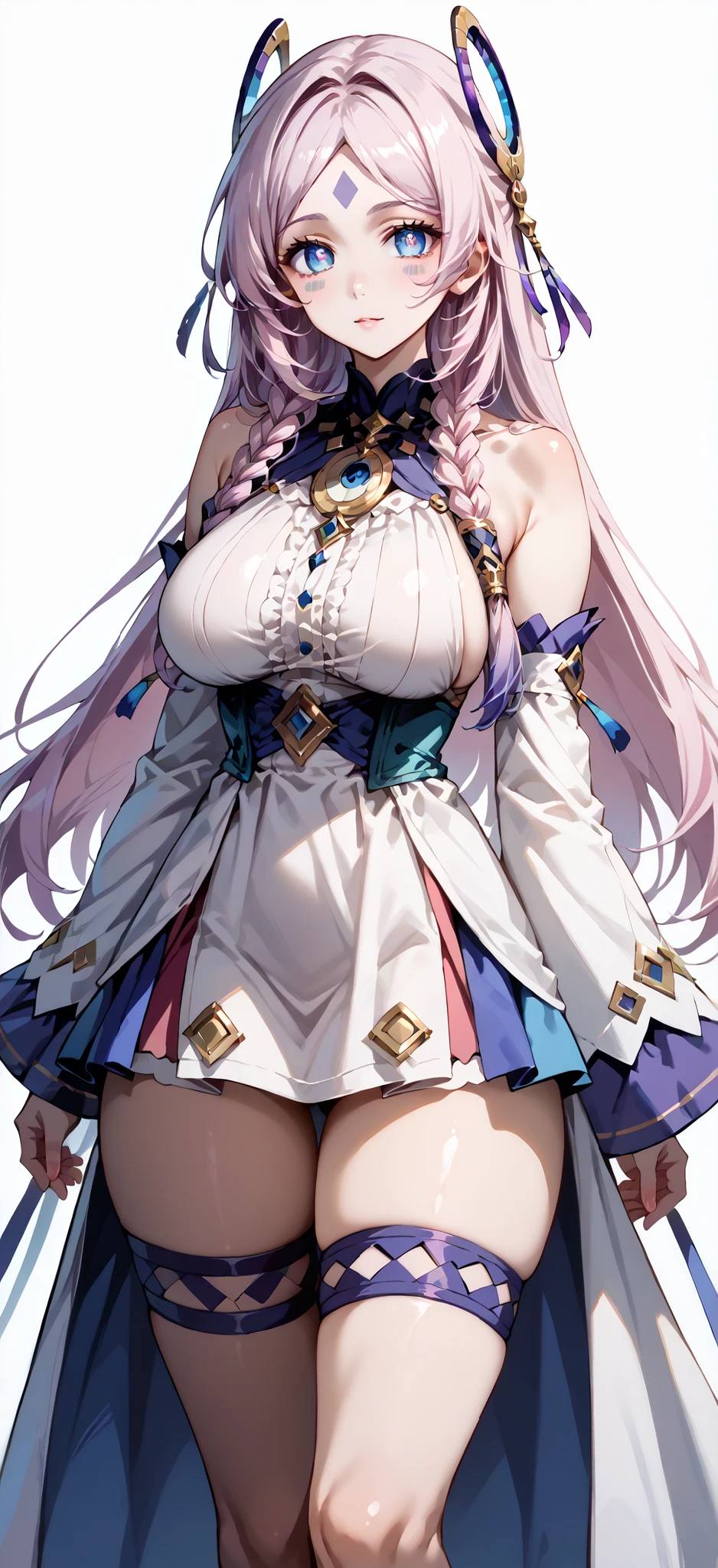 score_9, score_8_up, score_7_up, source_anime, 4K,perfect fingers,(perfect hands, perfect anatomy),prefect lighting, very aesthetic, intricate details,highly detailed background, masterpiece, high quality, best quality,
citlali, blue eyes, bright pupils, facial mark, long hair, multicolored hair, pink hair, purple hair, hair intakes, braid, twin braids, parted bangs, hair ornament,Large Breast
wearing ((thigh strap, detached sleeves, bare shoulders, dress, )) ,,
Standing, A sagging breast,  ((White plain background:1.5)) , Female standing casual pose,