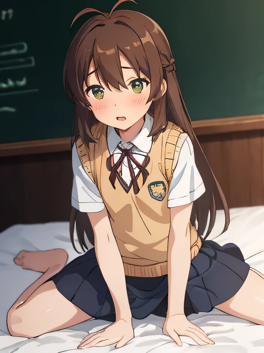 (masterpiece, top quality, nsfw), EXTREMELY detailed CG Unity 8k wallpaper, high definition, bold composition, masterpiece, best quality, amazing quality, very aesthetic, high resolution, ultra-detailed, absurdres, newest, scenery, depth of field, lighting , artistic composition screencap, flat anime, 1 girl, non-committal, dwarf, school uniform, sweater vest, neck ribbon, brown hair, long hair, antenna hair, bangs, 5 heads tall, tiny breasts, short legs, stocky legs, green eyes, lie on the bed, nose blush, gray skirt, lie on the bed, (hand in pantie), masturbation