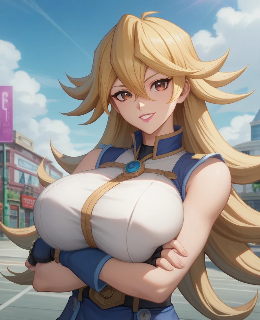 (((masterpiece))), (((best quality))), ((ultra-detailed)), (illustration), ((an extremely delicate and beautiful)), ((super detail)), ((high resolution)), (((20 years old))), metallic cloth, (cheerleader), (android), delicate metal decorations, gleaming skin, shiny body, two legs, breast focus, (((tall))), slender legs, ((big round eyes)), cute eyes, drooping eyes, ((adult)), two hands, five fingers, no extra hands, elegant smile, braid, medium length hair, ((metallic blue)), (see-through), (dark blonde), (ultra-huge breasts), (shining brightly), outdoor, mini skirt, city, daytime, ((biopunk)),