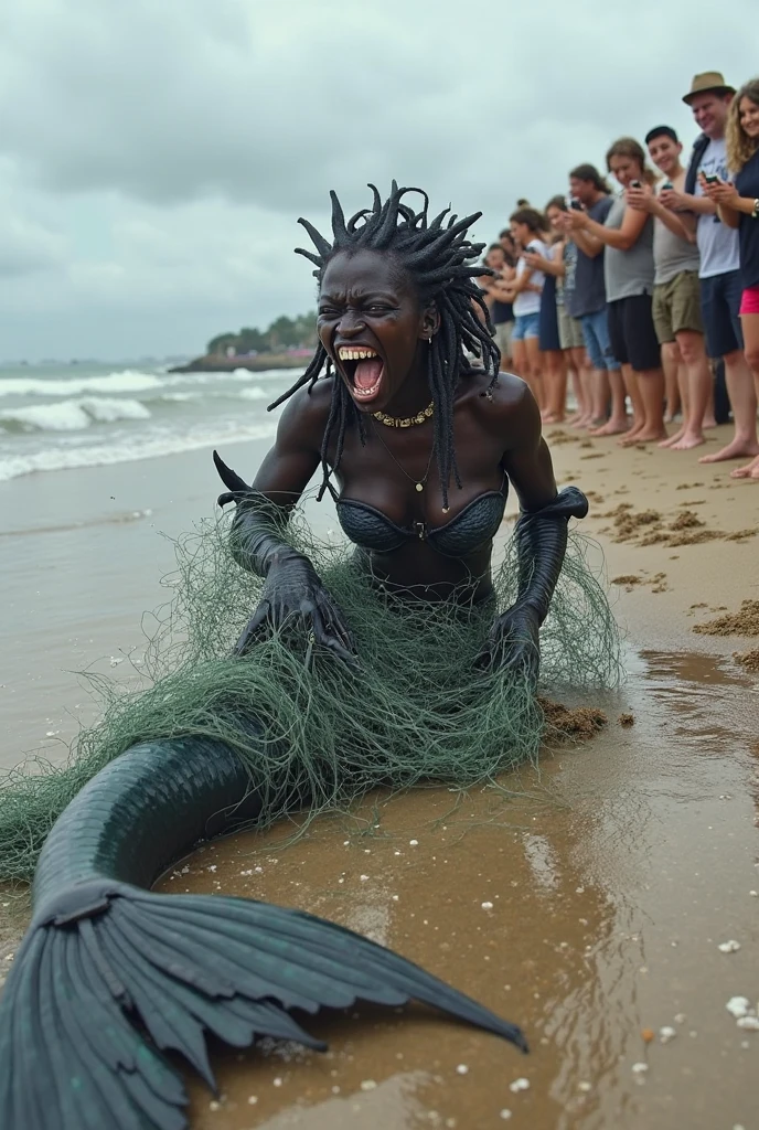 A photo of the character dressed as a glamorous mermaid, splashing in a sparkling pool of water on a beach set.,original,He is a black man with a large Afro. He likes to wear gray sweatpants and no shirt.
