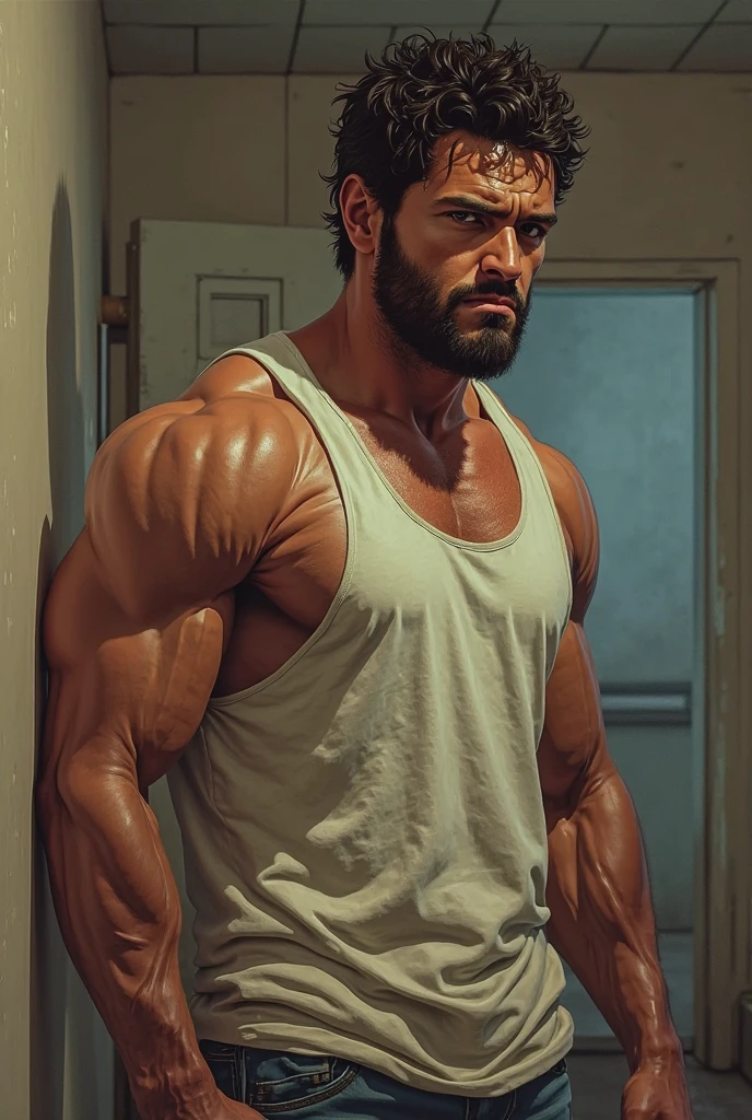 Shirtless and wearing white pants、A 35-year-old Japanese, bare-chested, skinny physique athlete with a shaved head, mustache and black belt is leaning his back against a wall in a dimly lit dojo, glaring straight ahead.,Full body image seen from the side,Stroking the belly,Ferocious