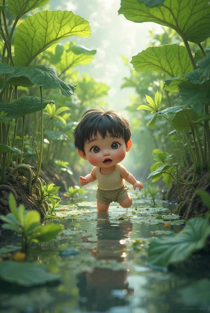 makes image of a white man, at 3, model type, with short dark hair, with clear eyes, wearing a black and red checkered shirt, underpant, wetting your feet in a stream