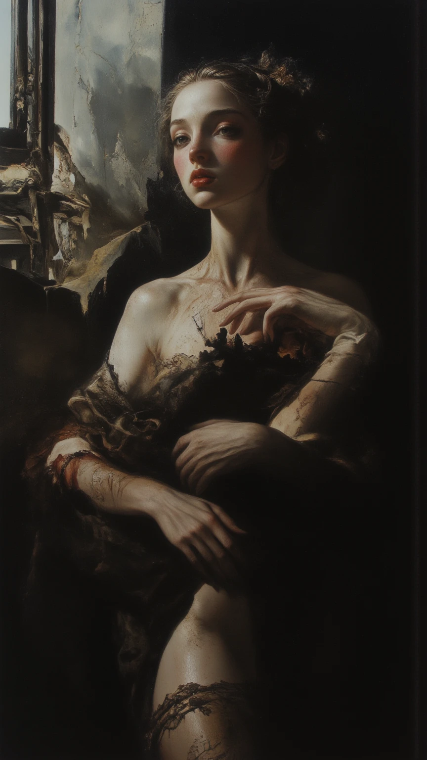 There is ugliness in beauty, but there is also beauty in ugliness. In the style of Stefan gesell, esao andrews, jenny Saville, Edward hopper, surrealism, art of James jean, rusty metal, there is ugliness in beauty, but there is also beauty in ugliness. In the style of Adrian ghenie, esao andrews, jenny Saville, Edward hopper, surrealism, black art by James jean, rusty, metal, cables, connection, roots, leaves, mushroom, passage of time, Stefan gesell and Adrian ghenie