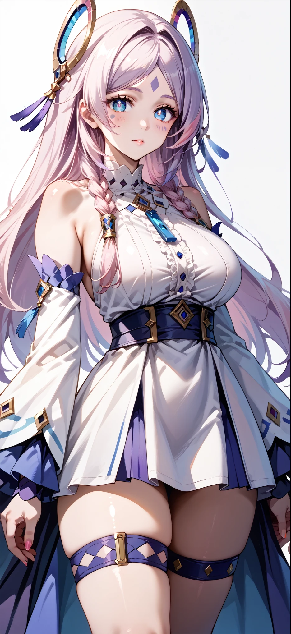 score_9, score_8_up, score_7_up, source_anime, 4K,perfect fingers,(perfect hands, perfect anatomy),prefect lighting, very aesthetic, intricate details,highly detailed background, masterpiece, high quality, best quality,
citlali, blue eyes, bright pupils, facial mark, long hair, multicolored hair, pink hair, purple hair, hair intakes, braid, twin braids, parted bangs, hair ornament,Large Breast
wearing ((thigh strap, detached sleeves, bare shoulders, dress, )) ,,
Standing, A sagging breast,  ((White plain background:1.5)) , Female standing casual pose,