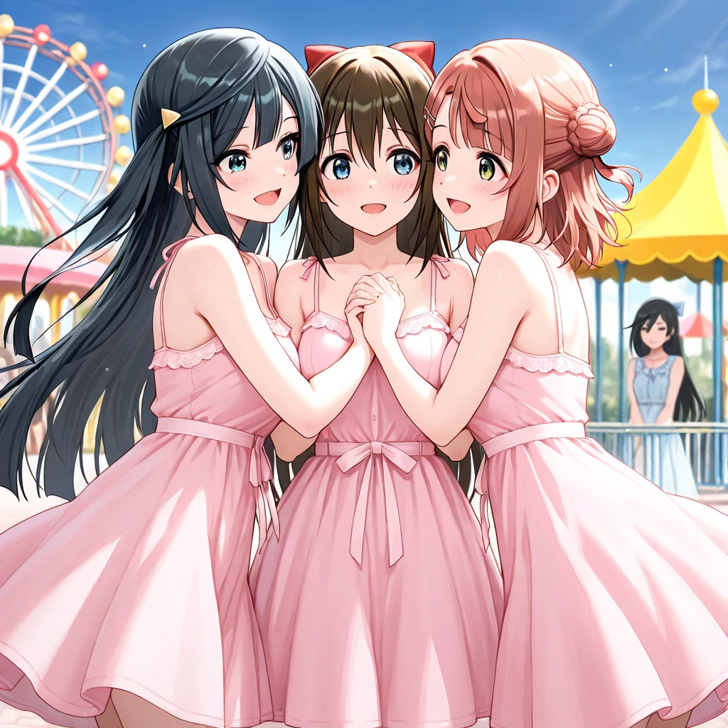 ((2girls:1.3)), ((moe style:1.3)), ((standing:1.3)), ((tutu:1.3)), ((waltz:1.3)), full body, yuri, ((black hair:1.3)), megumin (konosuba), yunyun (konosuba), ((shy:1.3)), blush, ((perfect face)), ((extremely cute:1.3)), ((masterpiece:1.3)), ((8k)), ((best quality:1.3)), ((beautiful)), ((extremely detailed:1.3)) , ((absurdres)), AddXL, ((score_9:1.3)), ((score_8_up:1.3)), ((score_7_up:1.3)), Expressiveh