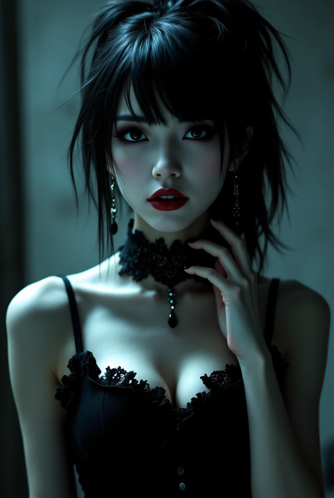 A captivating portrayal of a female zombie, exuding an eerie allure. Her decaying flesh and sunken eyes tell tales of the undead, yet there's an undeniable sensuality in her posture and gaze. Medium: Photography. Style: Photo hyper-realism, blending horror aesthetics with a touch of gothic romance. Lighting: Dim, moody lighting with a soft spotlight on her face, accentuating the juxtaposition of horror and allure. Colors: Muted, desaturated tones with hints of deep reds and purples to emphasize the sensuality. Composition: Nikon D850 DSLR camera, Nikkor 85mm f/1.4G lens, Resolution 45.7 megapixels, ISO sensitivity: 400, Shutter speed 1/125 second, a close-up shot capturing the intricate details of her decayed features while emphasizing her seductive eyes and lips. --ar 16:9 --v 5.1 --style raw --q 2 --s 750