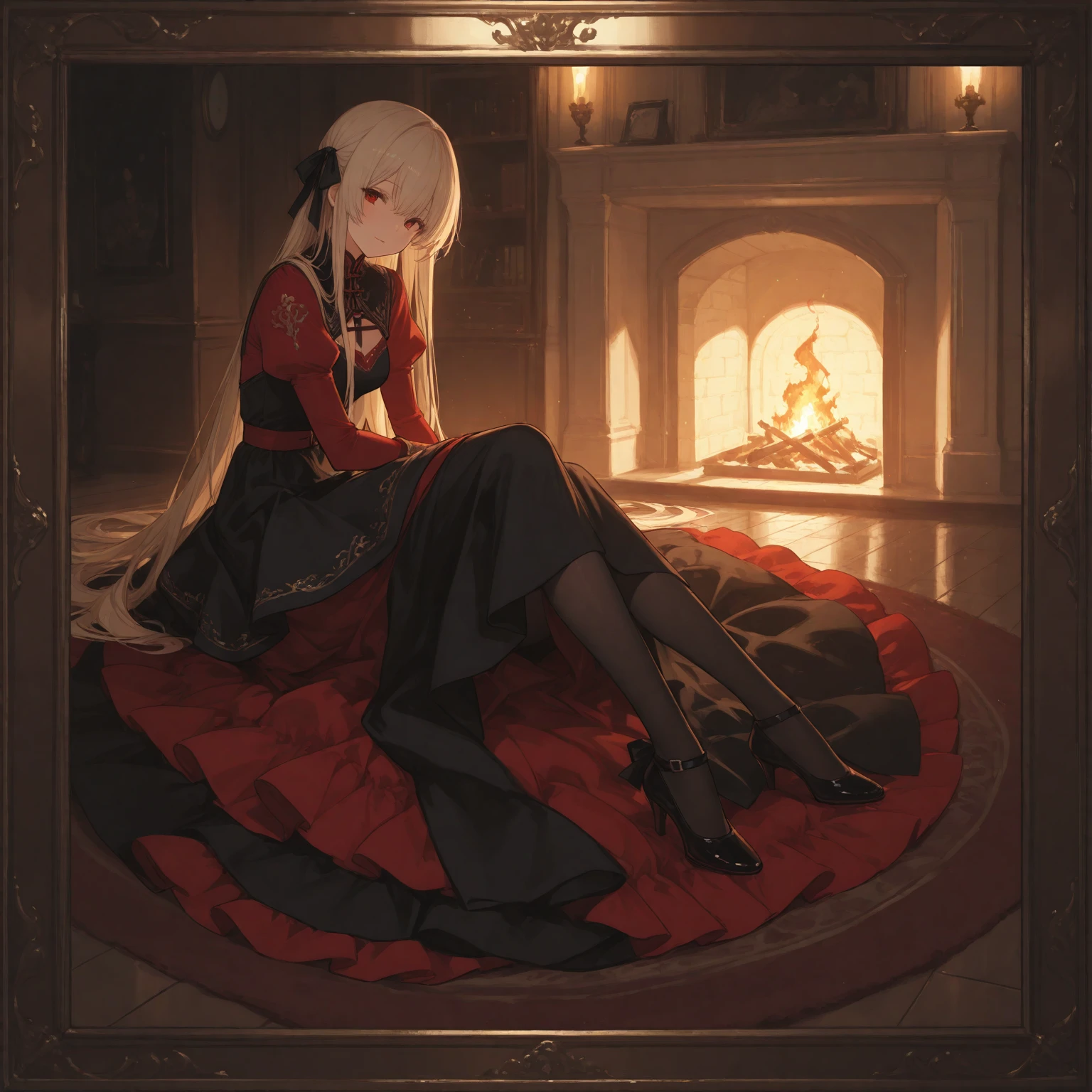 <lora:charlie-10:1>,charlie,long hair,smile,small breasts,blush,cleavage,demon girl,bed,sitting on bed,black lingerie,bedroom,window,fireplace,blonde hair,colored sclera,red eyes,shirt,bow,black bow,